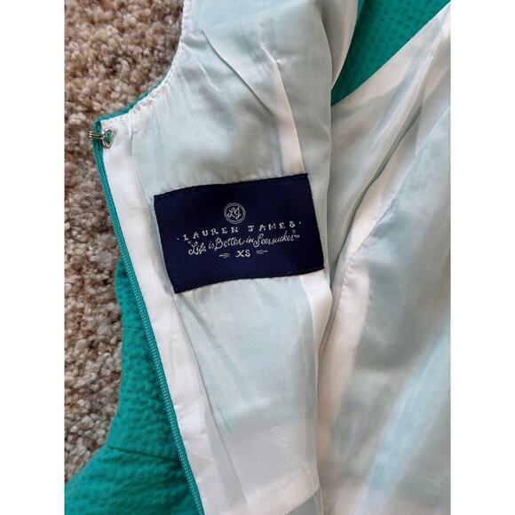 Lauren James Seersucker teal/Lagoon dress, size XS, scalloped hem, halter top - Picture 6 of 9